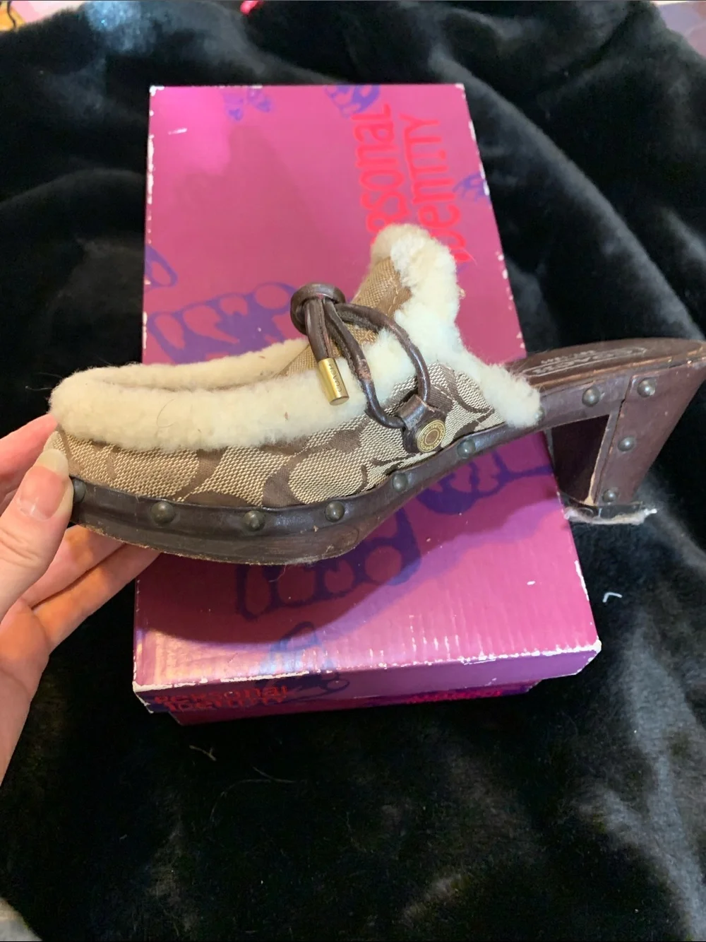Coach Brown and Cream Signature Shearling Mule Slides